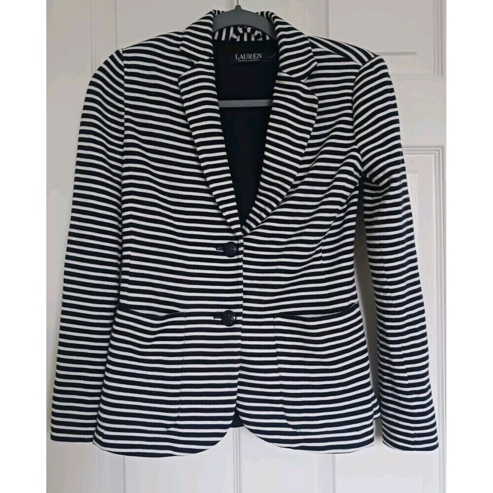 Ralph Lauren Petite‎ Navy White Striped Blazer Button Front Size XS